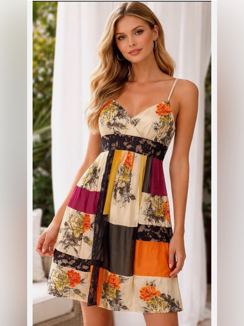 Boston Proper Muse Collection Cream Spaghetti-Strap Patchwork Mini